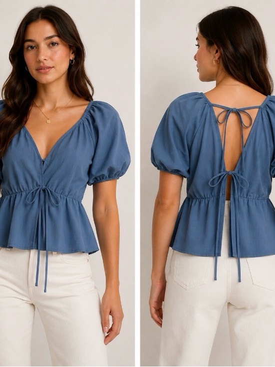Remidoo Tops - Remidoo Blue Tie-Back Puff Sleeve Blouse - Beautiful Blue - New with Tags